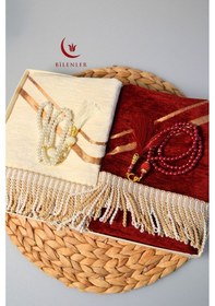 Resim Çiftlere Özel Kalpli Kadife Eş Seccade Ve Vav Detaylı İnci Tesbih Seti Hediye Kutulu, Çeyizlik Bordo 