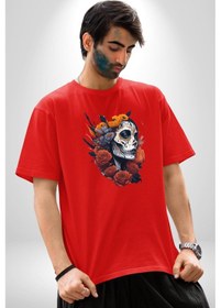 Resim Maske Dövmeli Çiçekli Kız Pamuklu Bisiklet Yaka Unisex Oversize Boyfriend Dijital Baskılı Kırmızı T-shirt Kırmızı 