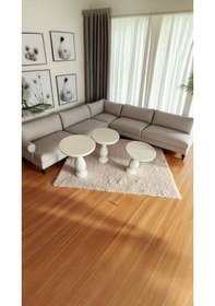 Resim El Yapımı 3'lü Set Krem Renk Ahşap Yan Sehpa Takımı Ekru 