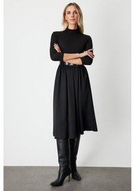 Resim On Kadın Beli Kemerli Mix Kumaş Midi Elbise 64410 Siyah Siyah 