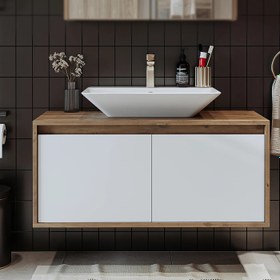 Resim RoomArt Banos Banyo Tm7.2 Ayaksız 2 Kapaklı Lavabolu Ahşap-Mat Beyaz Mdf 65 cm Banyo Dolabı + Aynalı Banyo Üst Dolabı 