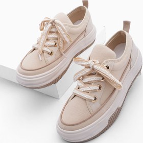 Resim Marjin Kadın Yüksek Taban Sneaker Keten Kumaş Bağcıklı Spor Ayakkabı Hesna bej 