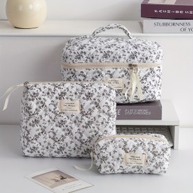 Resim Kadınlar İçin Çiçek Desenli Büyük Kapasiteli Makyaj Organizatör Çantası - Beyaz/Siyah Çiçekli, Şık "TO DO LIST" Etiketli, Taşınabilir Katlanabilir Tasarım, Günlük ve Seyahat Kullanımı için Japon/Kore Güzellik Saklama Çantası, Dekoratif Kurdele Saplı, Sağlam Tutma Kulplu Makyaj Çantası 