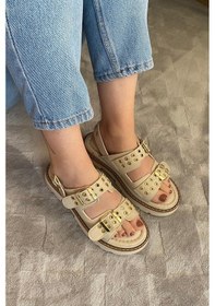 Resim Kadın Mendez Krem Çift Bantlı Kabsül Ve Vardola Deyatlı Kalın Taban Ortopedik Sandalet K-120 Bej 