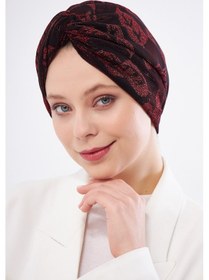 Resim Hürrem Bone Bordo Simli Büzgülü Tesettür Bone Jakar Çiçek Desenli 2317 16 Bordo 