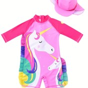 Resim Kız Çocuk Mayo 1 Parça Unicorn Grafikli Sevimli Rahat Uzun Kollu Tulum Mayo + Yüzme Bone Seti Deniz Kenarı Havuz Plaj Tatil Mayo 