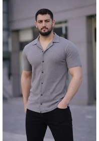 Resim Uslucan Alışveriş Erkek Waffle Kumaş Kısa Kollu Düğmeli Açık Yaka Regular Fit Gömlek - Gri Gri 
