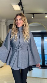 Resim Dik Yaka Kuşaklı Kaşe Panço Gri - L 