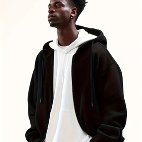 Resim Erkekler için Kapüşonlu Rahat Uzun Kollu Ceket, Fermuarlı Spor Hoodie, Sonbahar Kabanı 