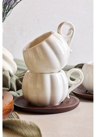 Resim Dark Lotus 6'lı Akasya Tabaklı Modern Porselen Kahve Fincanı Seti Beyaz Beyaz 