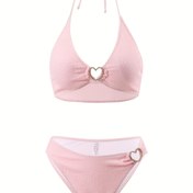 Resim Kadın Seksi Bikini Seti, Rhinestone Kalp Detaylı Düz Renkli Polyester Örgü Kumaş, Yüksek Esneklik %95 Polyester %5 Elastan, 300g/m², Spa, Yüzme ve Tatil İçin 