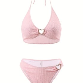 Resim Kadın Seksi Bikini Seti, Rhinestone Kalp Detaylı Düz Renkli Polyester Örgü Kumaş, Yüksek Esneklik %95 Polyester %5 Elastan, 300g/m², Spa, Yüzme ve Tatil İçin 