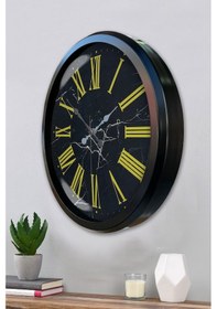 Resim Siyah Mermer Desenli 52 Cm Metal Duvar Saati Açık 