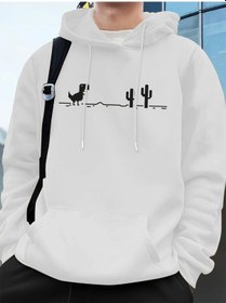 Resim Dinozorlar Kaktüs Üzerinde Baskı Erkek Kazak Kış Polar Sıcak Kapüşonlular Kore Gevşek Cep Kaz Beyaz 