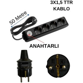 Resim Avarson 4'lü Dörtlü Priz Topraklı Anahtarlı Kablolu Siyah 3x1,5 Ttr 50 Elli Metre 
