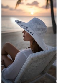 Resim Beach Please Plaj Sahil Lütfen Motto Yazılı Yazlık Tatil Deniz Güneş Geniş Hasır Şapka Beyaz 