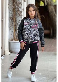 Resim Riccotarz Kız Çocuk V Cool Yazı Baskılı Sweatshirt Zebra Ve Pembe Şerit Detaylı Deri Eşofman Takım Pembe 