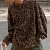 Resim Kadınlar için Leopar Desenli Geniş Kesim Bisiklet Yaka Sweatshirt - Günlük, Uzun Kollu, Polyester Karışımı, Makinede Yıkanabilir - Sonbahar/Kış için Mükemmel 