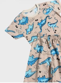 Resim Aliş Kids Erkek Çocuk Pamuklu Bej Rengi Dinozor Desenli Kısa Kollu Şortlu Yazlık Pijama Takımı Bej Mavi 