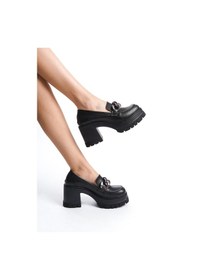 Resim Kadın Guzi Siyah Rugan Zinçir Tokalı 8 Cm Topuklu Platformlu Ayakkabı-siyah Siyah 