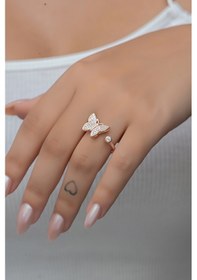 Resim Nereze 925 Ayar Gümüş Ayarlanabilir Rose Kelebek Yüzük 