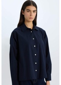 Resim DeFacto Oversize Geniş Kalıp Poplin Basic Düz Uzun Kollu Gömlek E2677AX24WNNV245 Lacivert 