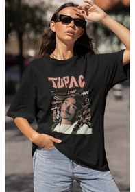 Resim Tupac Rapper Baskılı Unisex Oversize 2pac Şarkıcı Tişört Siyah 