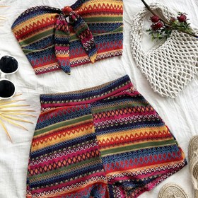 Resim Etik Stil Tatil Omuzsuz Bükme Bağcıklı Bralette Üst ve Şort Takımı 