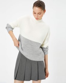 Resim Renk Bloklu Triko Kazak Uzun Kollu Dik Yaka 