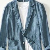 Resim Erkek Rahat Pamuklu Blazer Ceket - %100 Pamuk Spor Ceket Yaka Yaka, Esnek Olmayan Düz Renkli Kumaş, Uzun Takım Elbise Kolları, İlkbahar/Sonbahar İçin Tek Sıralı Cep Tasarımı 