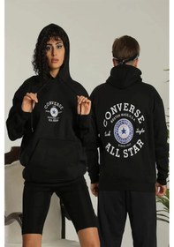 Resim Erkek Sırt Baskılı Oversize Üç İplik Kapüşonlu Hoodie Sweatshirt - Siyah Siyah 