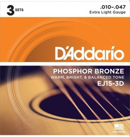 Resim D'addario Ej15-3D Akustik Gitar Tel Seti. 3'Lü Paket. Phosphor-Br 