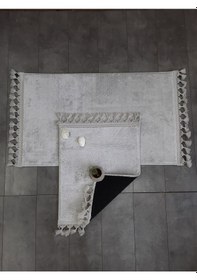 Resim Elite Gri Ponpon Saçaklı Peluş 2'li Banyo Paspası Halısı Kaymaz T Gri 