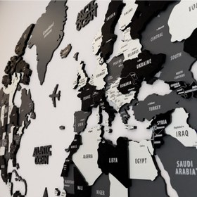 Resim 3D Ahşap Dünya Haritası - Gri, Siyah ve Krem Modern Duvar Dekoru - 100x54 cm / İngilizce 