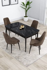 Resim Canisa Kar Serisi Siyah Mermer Desenli 80x132 Açılabilir Mdf Mutfak Masa Takımı 4 Kahve Sandalye 