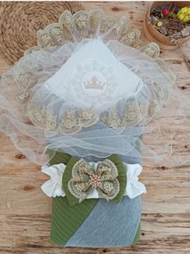 Resim Yenidoğan Teri Cotton Taç Nakışlı Prizma Taş Kundak Bebek Battaniyesi Yeşil 
