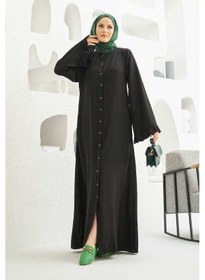 Resim Neways 6587-denim Düğmeli Kolları Fırfırlı Ferace Siyah Siyah 