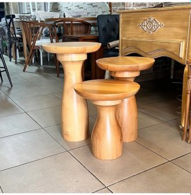 Resim Ahşap 3 Lü Set Fitilli Mantar Yan Sehpa Modern Fiskos / Çiçeklik / Zigon Sehpa Kahverengi 