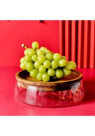 Resim Qerhome Borosilikat Camlüks Akasya Kapaklı Cam Kase - Sunumluk-salata Kasesi 22 Cm Şeffaf 