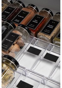 Resim 12'li Şeffaf Kristal Plexi Standlı Cam Baharatlık Seti Siyah Kapaklı Etiketli Baharatlık Mh03syh12 Siyah - Şeffaf 