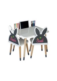 Resim Liva Ahşap Çocuk Aktivite Oyun 1 Masa 2 Sandalye Takımı 2-6 Yaş - Tavşanlı- Tablet Yeri Beyaz- Gri Ayaklar 