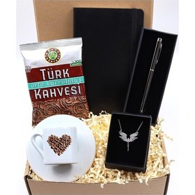 Resim Kahve Desenli Beyaz Fincan & Siyah Defter & Füme Roller Kalem & M 
