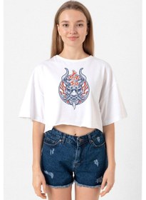 Resim One Piece Anime Yamato Mask Beyaz Kadın Crop Tshirt Beyaz 