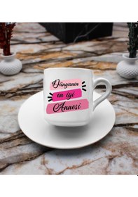 Resim Dünyanın En İyi Annesi Baskılı 2'li Türk Kahve Fincanı & Metal Mum Hediye Seti Anneye Hediye T1 