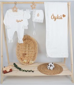 Resim Gros Shop %100 Pamuk Organik Dantelli Tulum 4'lü Hastane Çıkış Seti Kişiye Beyaz 