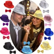 Resim 2 adet Pullu Şapka ve Fiyonk Seti, Polyester Lif, Retro Disko Dans Aksesuarları, Tüy Yok, Sahne Gösterileri, Müzik Festivalleri ve Kulüp Giyimi için Uygun 