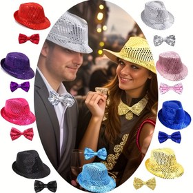 Resim 2 adet Pullu Şapka ve Fiyonk Seti, Polyester Lif, Retro Disko Dans Aksesuarları, Tüy Yok, Sahne Gösterileri, Müzik Festivalleri ve Kulüp Giyimi için Uygun 