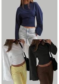 Resim Siyah - Beyaz - Lacivert 3lü Paket Kadın Uzun Kollu Belden Oturtmalı Bluz Lacivert - Siyah - Beyaz 