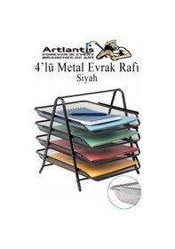 Resim Evrak Rafı Metal 4 Lü 1 Paket Masa Üstü A4 Dosya Düzenleyici Kağıt Tepsisi Metal Fileli Dört Katlı Hareketli Perfore Siyah 