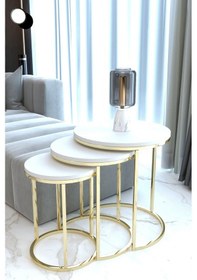 Resim Faymend 3lü Lüx C Zigon Sehpa Gold Beyaz Gold Mat Beyaz 